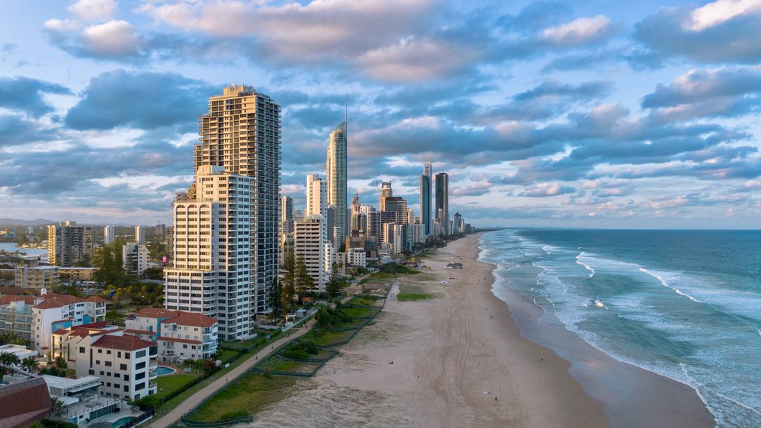Aerial view of the Gold Coast skyline running along the beach