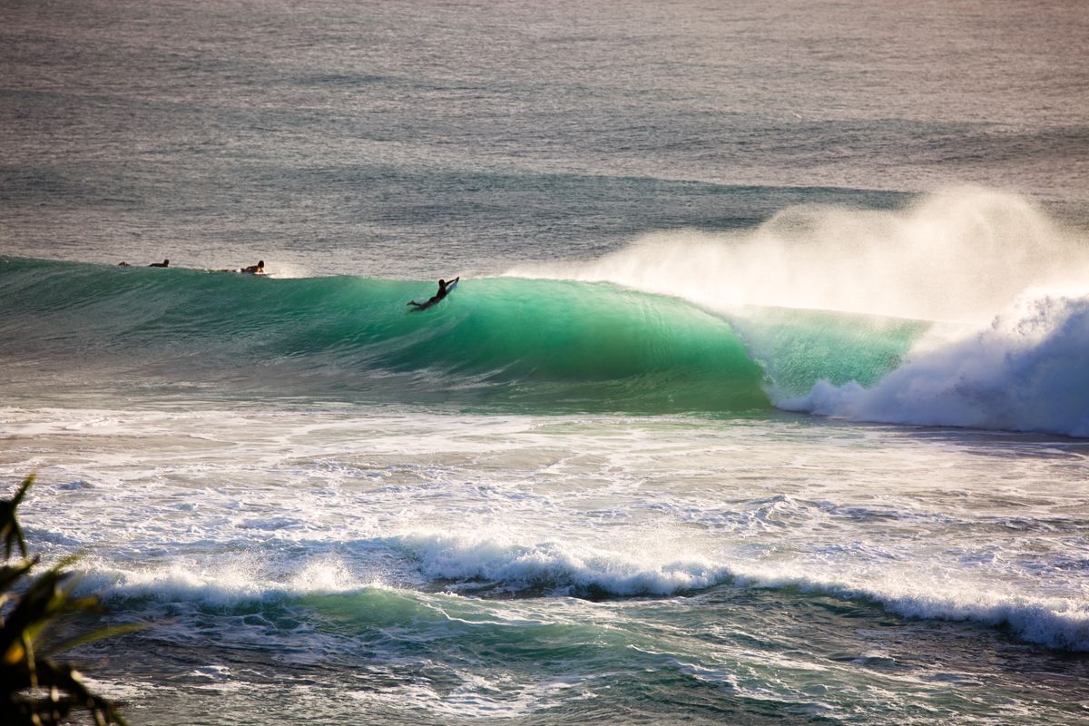 A surfer riding a curling turquoise wave